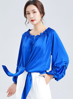 Crew Neck Puff Sleeve Ruched Pullover Loose Blouse