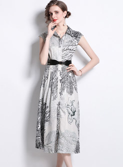 Retro Sleeveless Ink Print Belted Long Dress