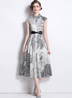 Retro Sleeveless Ink Print Belted Long Dress