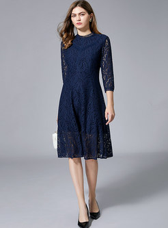 Crew Neck Lace Openwork A Line Cocktail Dress