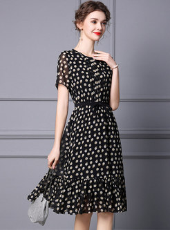 Short Sleeve Polka Dot A Line Ruffle Dress