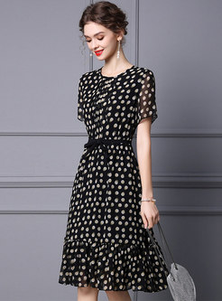Short Sleeve Polka Dot A Line Ruffle Dress