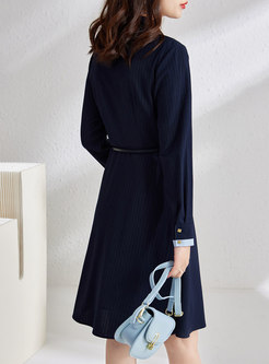 Long Sleeve Belted Pleated A Line Shirt Dress
