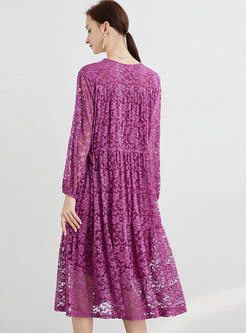 V-neck Long Sleeve Plus Size Lace Midi Dress