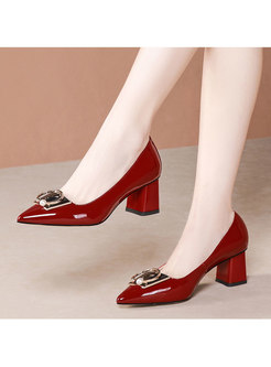 Patent Leather Metal Embellished Chunky Heel Pumps