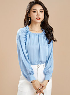 Lettuce Trim Long Sleeve Pullover Ruched Blouse