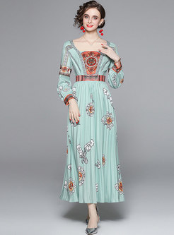 Square Neck Long Sleeve Pleated Maxi Dress