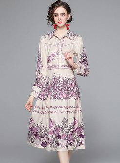 Long Sleeve Floral High Waisted Pleated Midi Dress