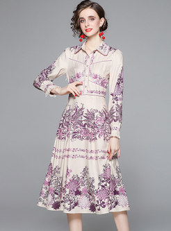 Long Sleeve Floral A Line Midi Shirt Dress