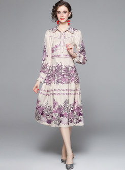 Long Sleeve Floral A Line Midi Shirt Dress