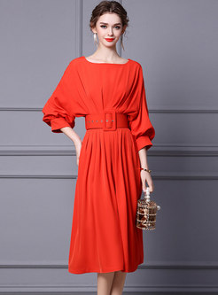 Batwing Sleeve Belted A Line Midi Cocktail Dress