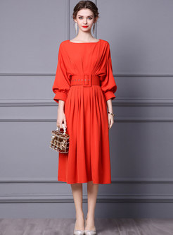 Batwing Sleeve Belted A Line Midi Cocktail Dress