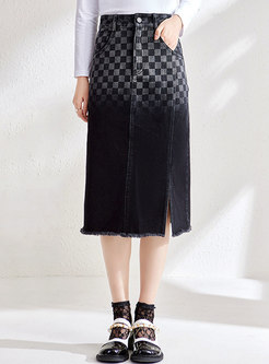 High Waisted Plaid Denim Split Midi Skirt
