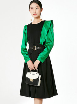 Crew Neck Patchwork High Waisted A Line Skirt Suits