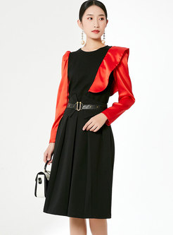 Crew Neck Patchwork High Waisted A Line Skirt Suits