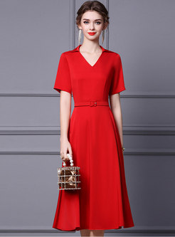 Red Short Sleeve Belted A Line Midi Cocktail Dress