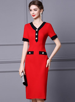 V-neck Color-blocked Red Bodycon Dress