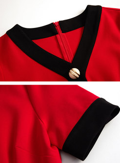 V-neck Color-blocked Red Bodycon Dress