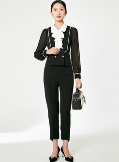 Color-blocked Long Sleeve High Waisted Pant Suits