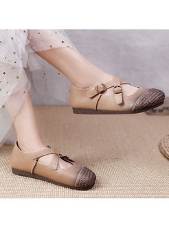 Retro Cowhide Patchwork Buckle Flat Loafers