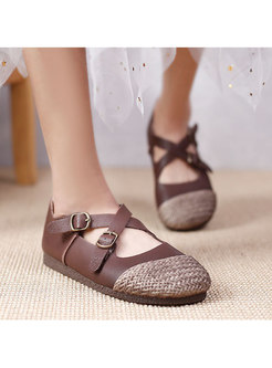 Retro Cowhide Patchwork Buckle Flat Loafers