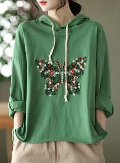 Casual Long Sleeve Embroidered Pullover Hoodie