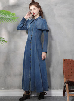 Retro Long Sleeve Cloak Denim Maxi Dress