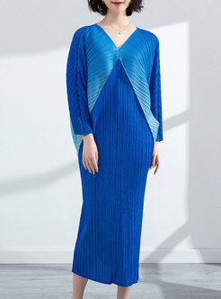 V-neck Long Sleeve Plus Size Pleated Midi Dress