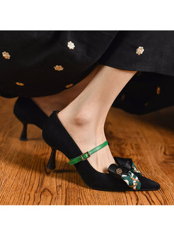 Pointed Toe Print Bowknot Buckle Pumps