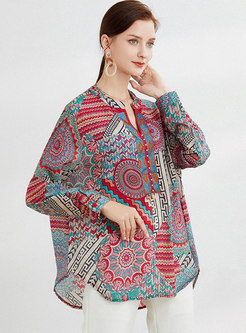 V-neck Long Sleeve Pullover Loose Print Blouse