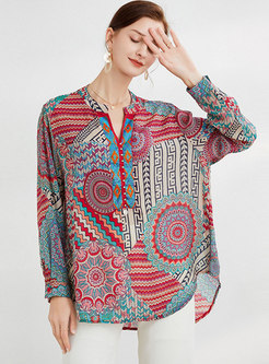 V-neck Long Sleeve Pullover Loose Print Blouse
