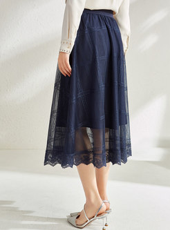 High Waisted A Line Lace Mesh Midi Skirt