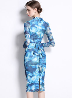 V-neck Long Sleeve Print Wrap Bodycon Dress