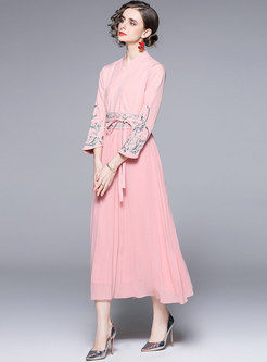 V-neck Long Sleeve Embroidered Pink Maxi Dress