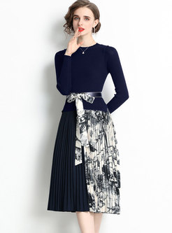 Long Sleeve Knit Top Patchwork Print Pleated Midi Dress