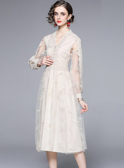 Sweet V-neck Sequin Embroidered Mesh Wedding Maxi Dress