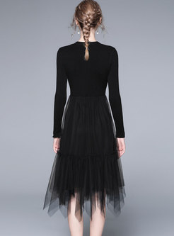 Black V-neck Knit Patchwork Mesh Asymmetric Midi Dress