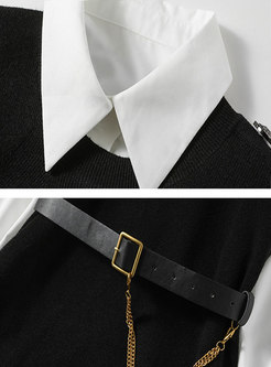 White Long Sleeve Mini Shirt Dress & Sweater Vest With Belt