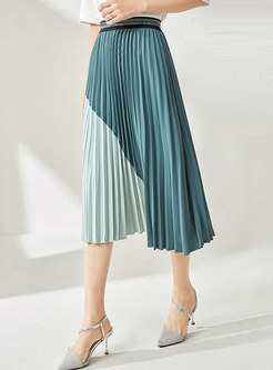 Casual High Waisted Color-blocked Pleated Midi Skirt