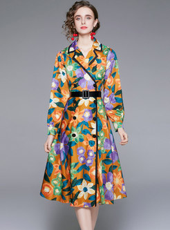 Notched Collar Belted Print Trench Coat Dress