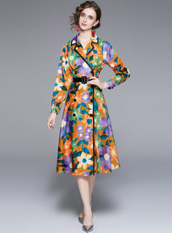 Notched Collar Belted Print Trench Coat Dress