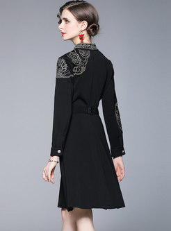 Black Mock Neck Embroidered Belted A Line Dress