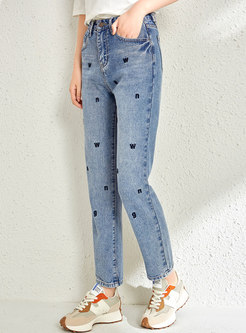 High Waisted Letter Embroidered Straight Jeans