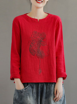 Crew Neck Pullover Linen Embroidered Tee