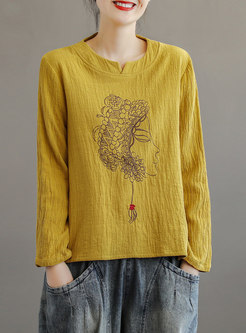 Crew Neck Pullover Linen Embroidered Tee