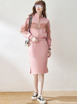 Casual Sequin Short Jacket & High Waisted Sheath Skirt