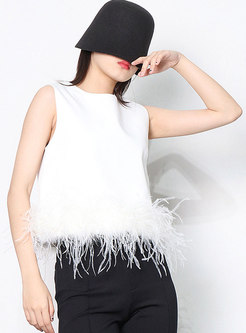 Crew Neck Pullover Feather Patchwork Tank Top
