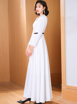 White V-neck Belted A Line Maxi Dress
