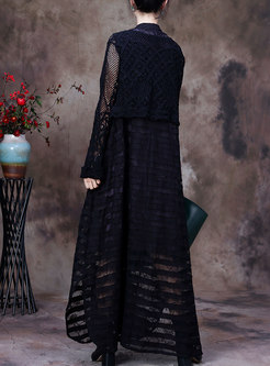 Plus Size Shift Jacquard Long Dress With Openwork Tee