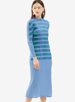 Long Sleeve Striped Pleated Sheath Midi Dress